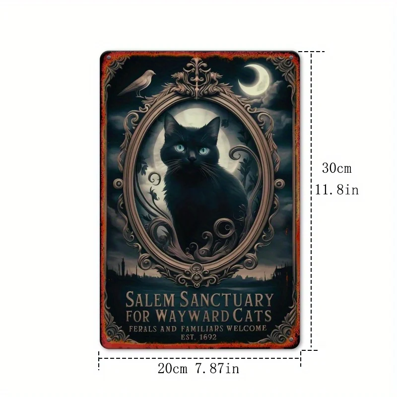 Style Salem Sanctuary for Wayward Cats Metal Sign, Wall Hanging Decor, Rustic Tin Art with Ornate Frame & Moonlit Night Design