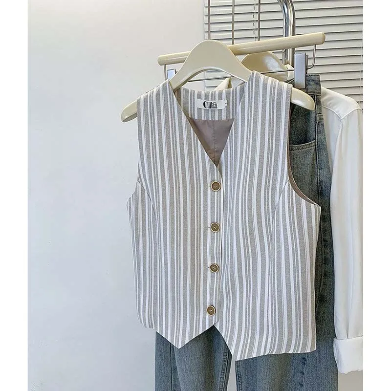 New Fashion Loose Cardigan Simple Casual Contrast Striped Suit Vest 2026 Women's Summer Thin V-neck Cotton Linen Vest