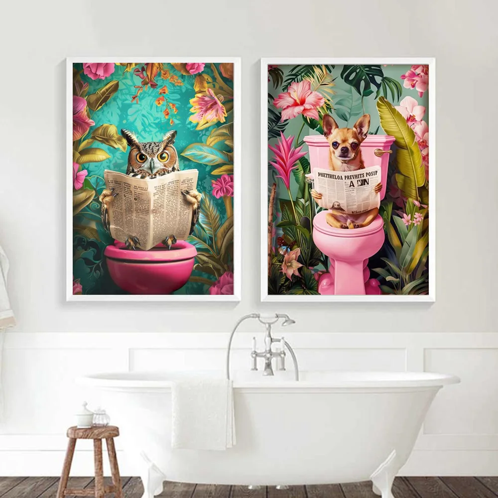 النمط الاستوائي الدوبامين مضحك القط الأسود قراءة صحيفة على المرحاض الملصقات الإبداعية الفن الحديث قماش اللوحة ديكور الحمام #5