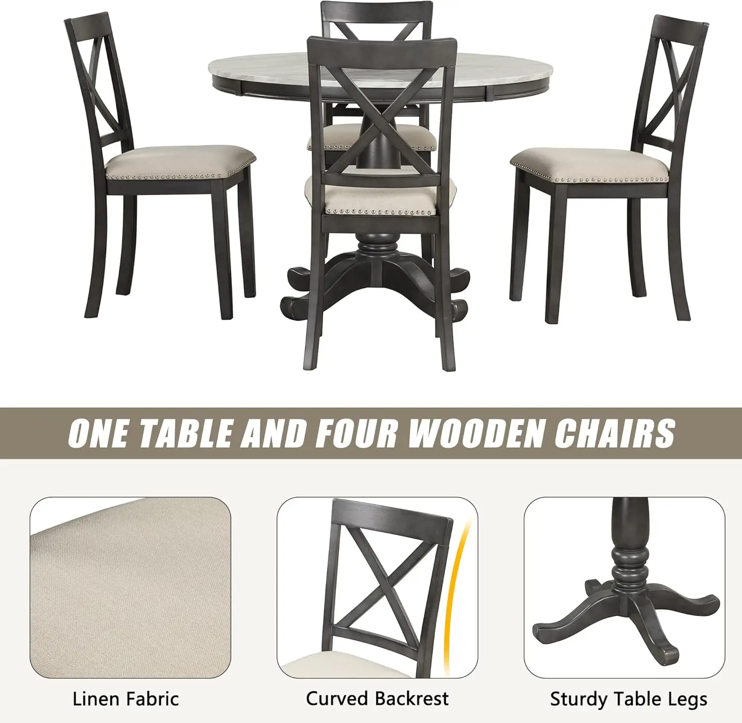 5 Pieces Dining Set for 4 Persons, Solid Wood Table with Chairs for Home, Apartment, Kitchen Room, Dinette, Breakfast Nook