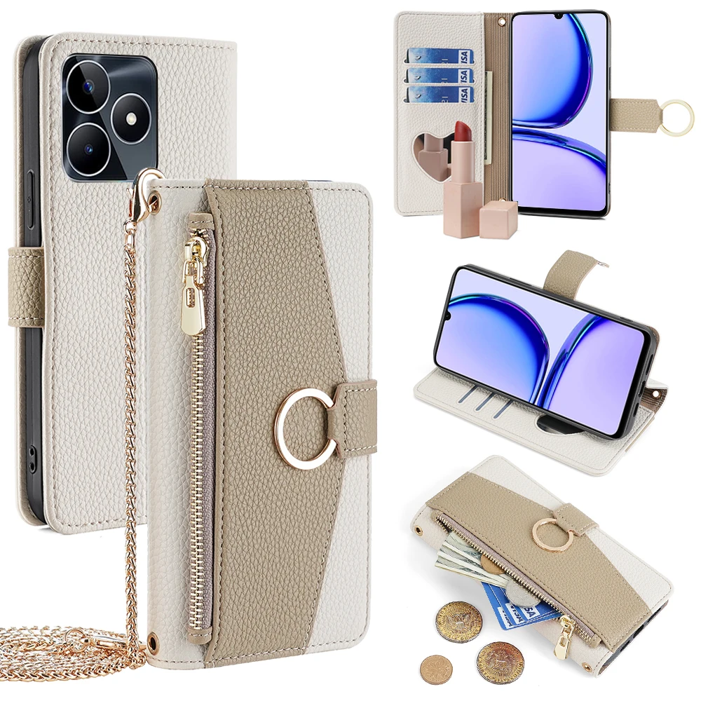 Ladies Crossbody Wallet Case for Realme XT X2 X50 X7 C3i C11 C12 C15 C17 C53 V3 V5 V11 V13 V15 V20 V25 V30 Q3 Q2 Flip Cove Bag