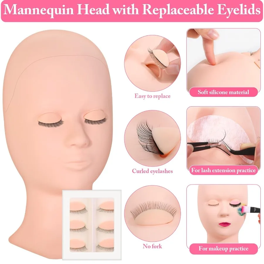 مجموعة أدوات تدريب رأس عارضة أزياء الرموش للتدريب الاحترافي لتمديد الرموش مع جفون قابلة للإزالة مادة مطاطية ناعمة الملمس D