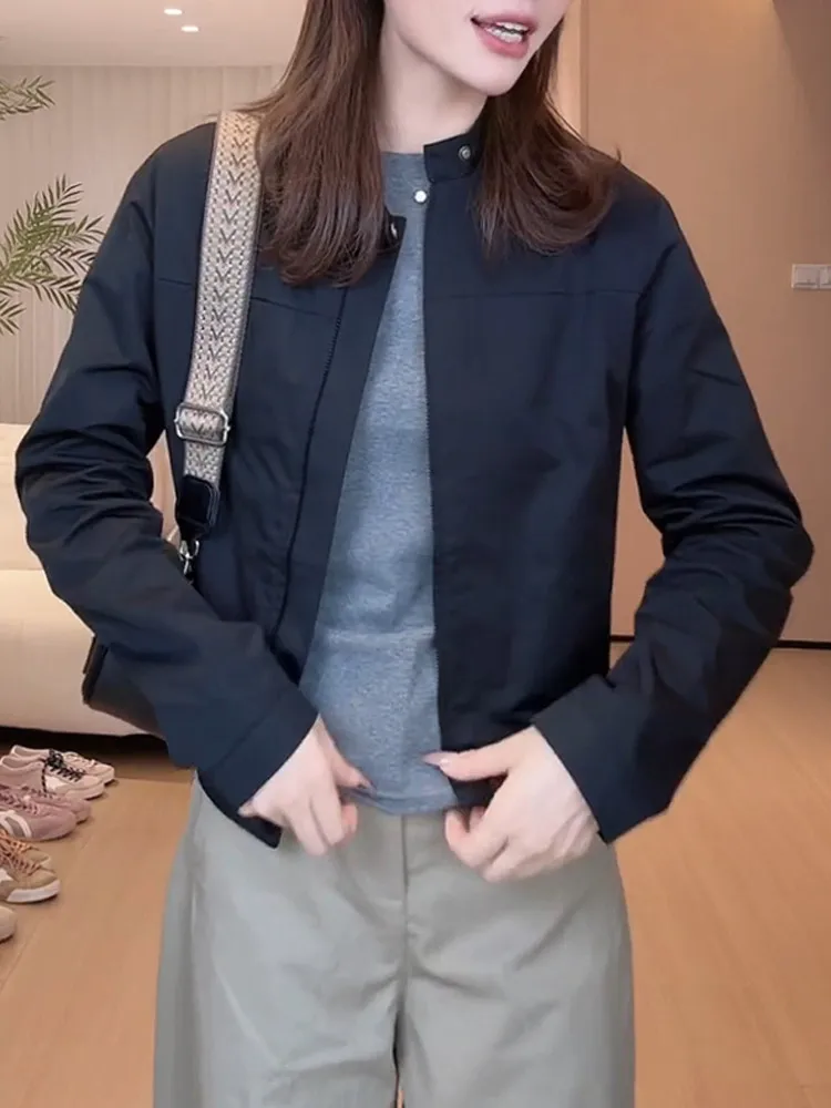 Early Spring Short Baseball Jacket Women's Fashion Stand Collar Coat Elegant Style Long Sleeve Zipper Closure No Hat Included