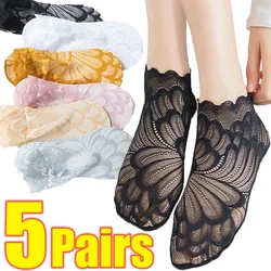 10Pcs=5Pairs Invisible Lace Flower Socks Women Non-slip Liner Mesh Sock Female Summer Elastic Ultra-thin Breathable Ankle Sox
