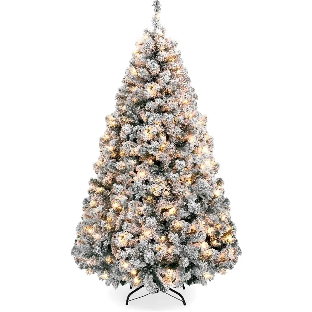 Pre-Lit Artificial Christmas Tree, 6ft Snow Flocked Design Pine Tree, Full Appearance Snowy w/Easy Assembly, Metal Stand