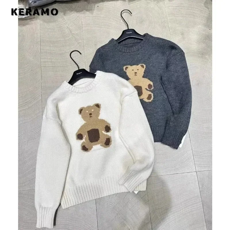 

2023 Winter Female Sweet Knitting Long Sleeve Pullovers Korean Fashion Casual Y2K Jumpers Women Bears Print Round Neck Sweater