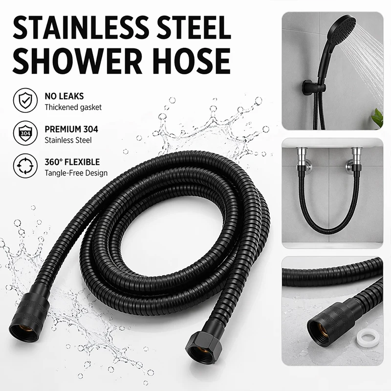 Black Stainless Steel Shower Hose 1.5/2m, High Density Braided Burst-Proof, High Temp Resistant,Brass Nuts, Bathroom Accessories