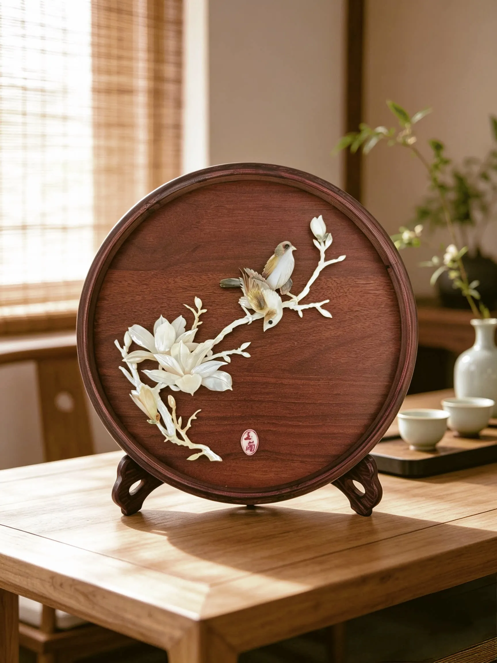 Handmade Magnolia‑Bird Shell Art Ornament, Elegant Blessing Home Present