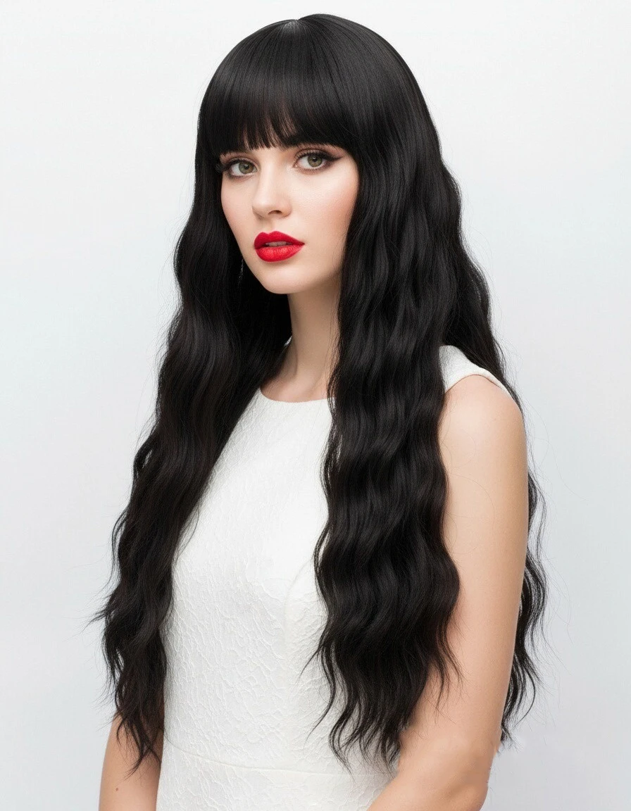 

MSIWIGS Long Black Wave Wig Women with Bangs Cospaly Lolita Daily Party Synthetic Wigs Heat Resistant Fiber Fake Hair