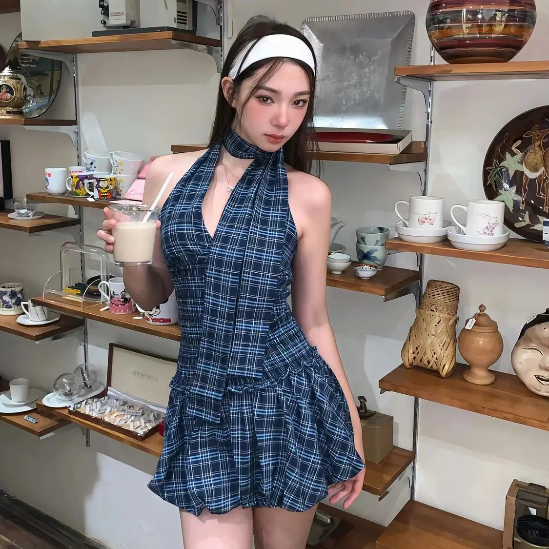Y2K 90s Korean Harajuku Two-piece Set High Waist A-line Mini Skirt and Crop Top Sweet Blue Kawaii Grunge Summer Outfit 2025 New