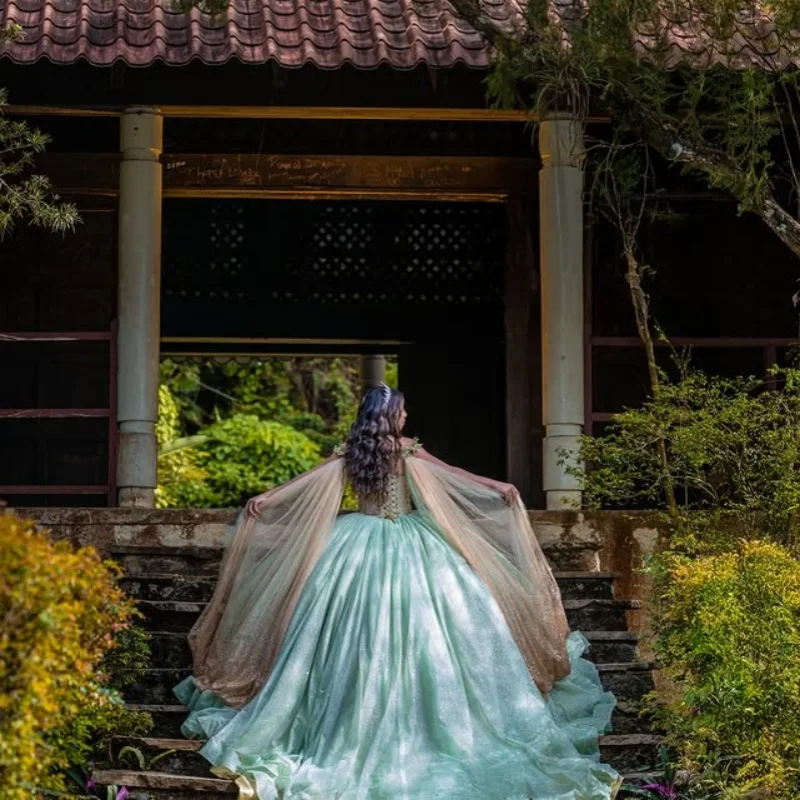 ที่กําหนดเองเงา Mint สีเขียว Quinceanera ปิดชุดไหล่ Tull คริสตัล applique ลูกปัดดอกไม้ Vestido De 15 Quinceanera