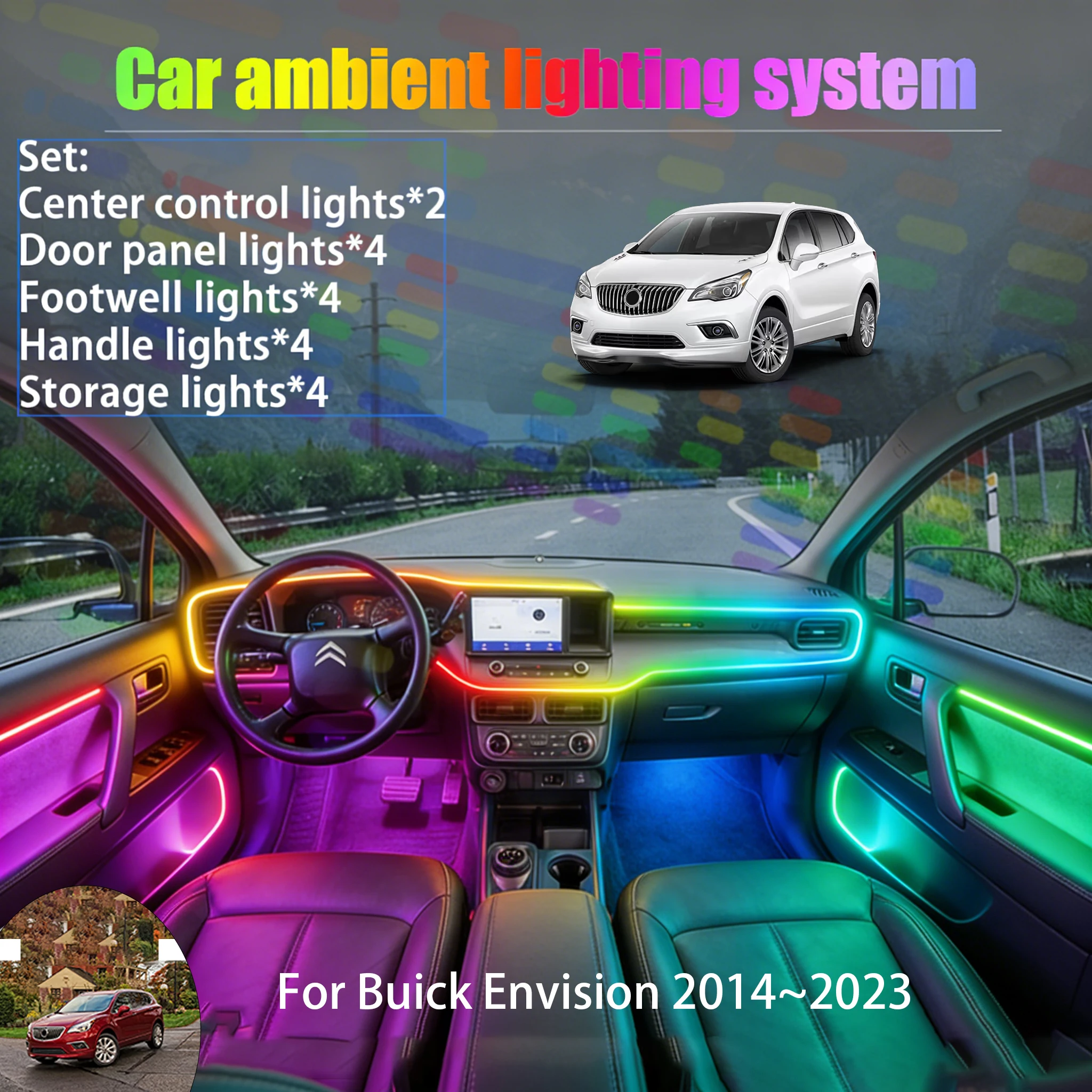 

Для Buick Envision 2014~2023 MK1 2/18 в 1: Комплект светодиодной подсветки салона и багажника USB RGB с эффектом потока