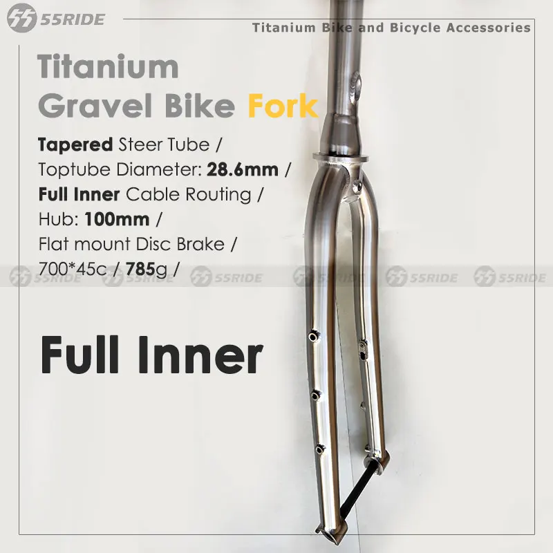 

Велосипедная вилка 55RIDE GR9 из титанового сплава для гравийных велосипедов, 700c, с полной внутренней проводкой тросов, ось 12*100 мм, крепление Flat Mount, подходит для шин 700x45c