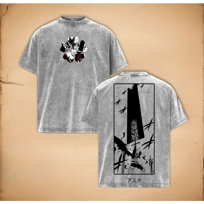 Anime Black Clover Asta Printed Tee Men Women Washed Cotton T-shirts Short Sleeve Vintage T Shirt Harajuku Male Oversized Tshirt