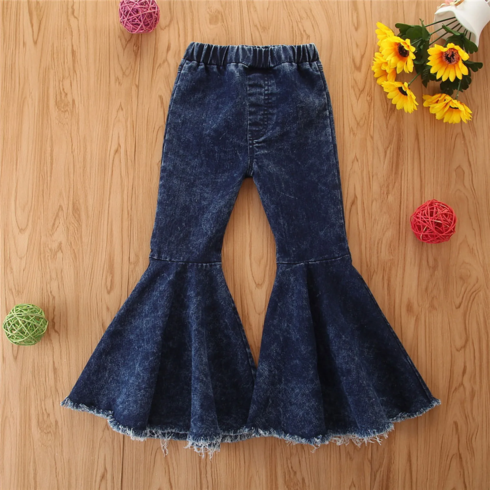 

2-7y Kids Girls Denim Flare Pants Solid Color High Waist Casual Layer Bell Bottoms Trousers Children Jeans Baby Clothes 2024