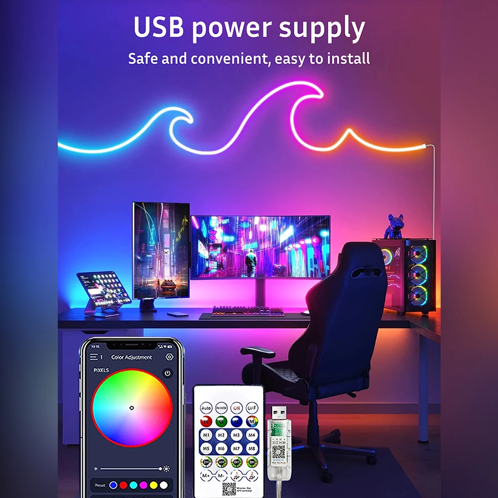 RGB Neon LED Strip Light 5V USB Bluetooth Remote Music Sync 1m 2m 4m 5m Waterproof Flexible Bendable for Gaming Room Bedroom Par