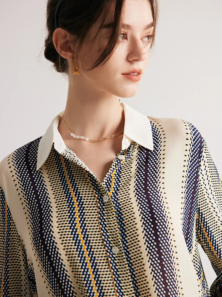 SuyaDream, Women Printed Shirts, 100%Real Silk, Single Breasted Chic Striped Blouses, 2024 Spring Summer Office Lady Top