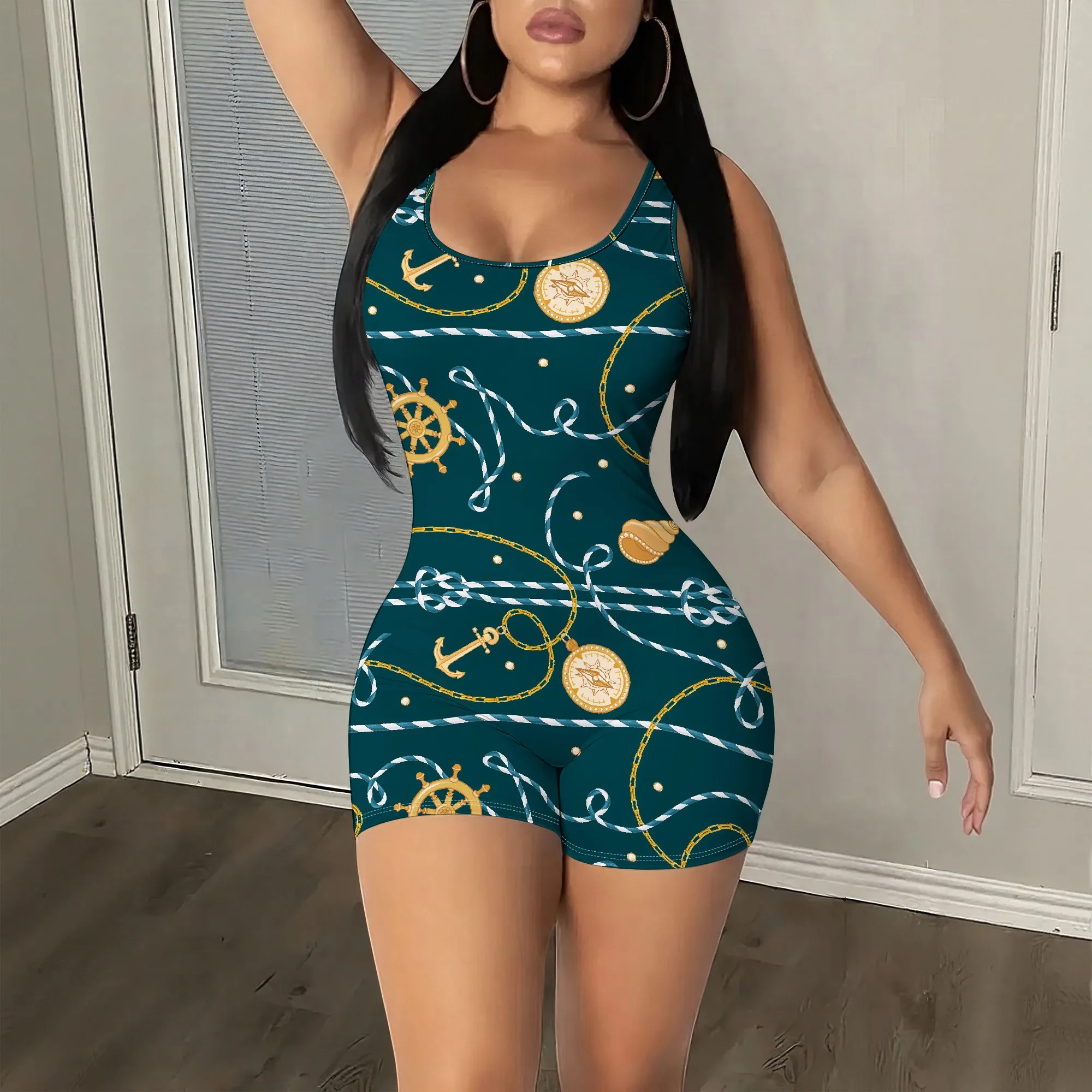 

Nautical Print Romper, Sleeveless Bodycon Jumpsuit, Deep Sea Green with Gold Anchors & Compasses, Summer Beach Party Wear, S-2XL