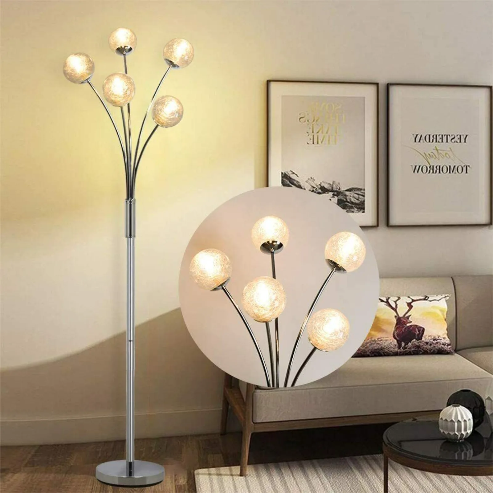 

US 5 Light Modern Floor Lamps LED Globe Tall Pole Tree Standing Lamp for Bedroom