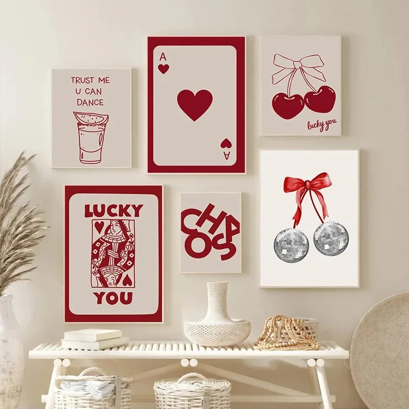 Vintage Fashion Red Cherry Cupid Bow Print Posters Juice Cocktail Bar Cart Aesthetic Canvas Painting Bedroom Wall Art Home Decor
