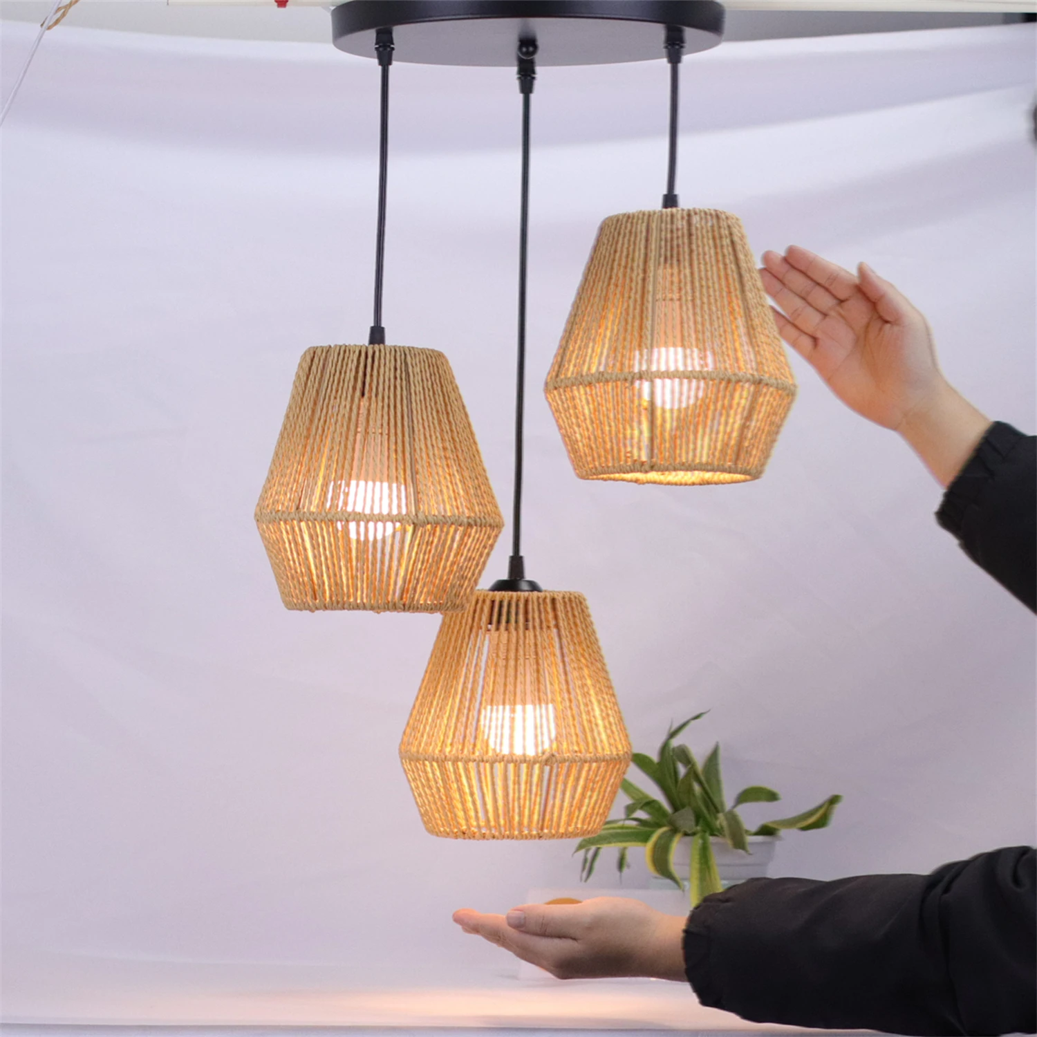 

JOYINLED 3-Light Woven Pendant Light, Modern Boho Hanging Lamp with Handwoven Woven Rattan Shade, Coastal Pendant Light Fixtures