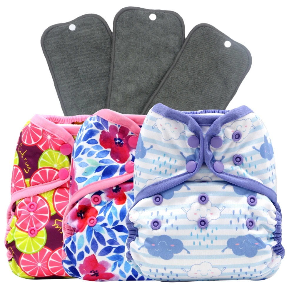 6 pcs of 3 diaper covers and 3 inserts one size baby cloth diaper cover nappy double gussets