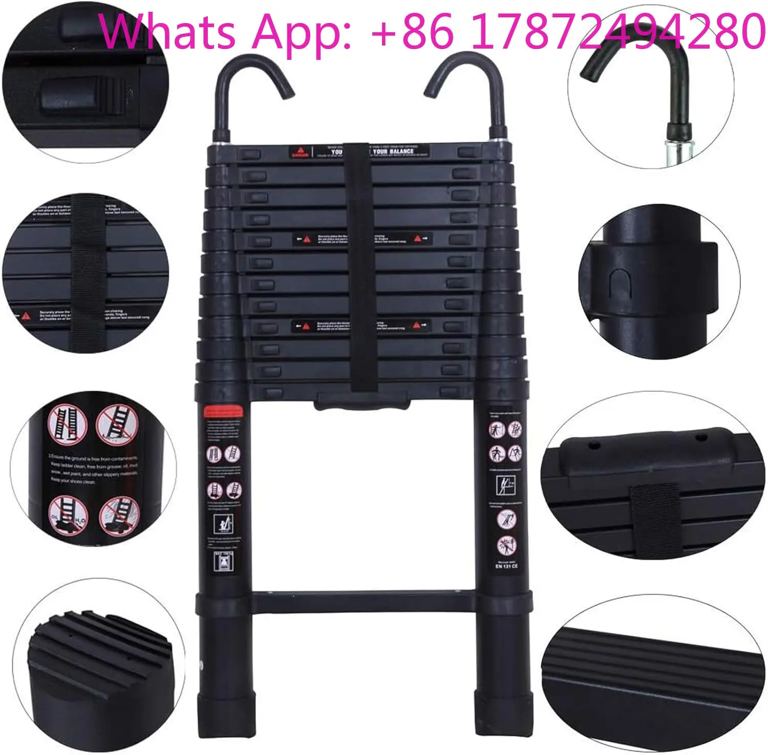Hot Deal Item 3.8m Telescopic Ladder+Detachable Hooks,Aluminium Extension Ladder-Anti-Slip Feet&Steps