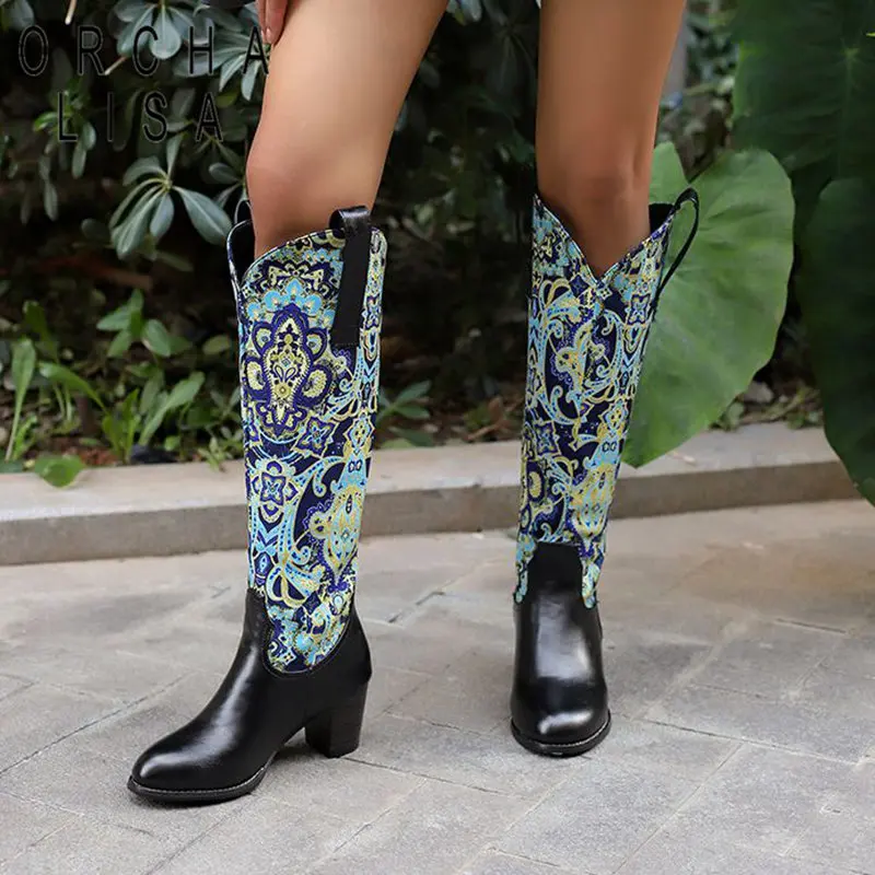 Orcha lisa moda feminina botas ocidentais dedo do pé redondo salto bloco 6cm deslizamento em floral tamanho grande 47 48 sapatos de lazer joelho alta bota