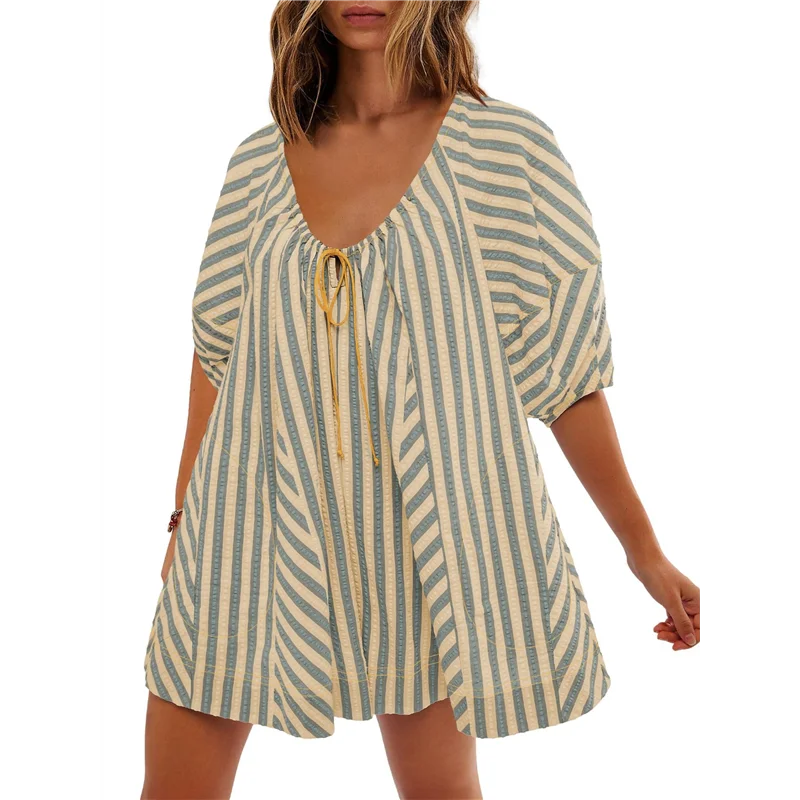 A83F-レディース オーバーサイズ ストライプ ロンパース ドレス ショートパンツ ジャンプスーツ ビーチ バケーション ウェア ポケット付き