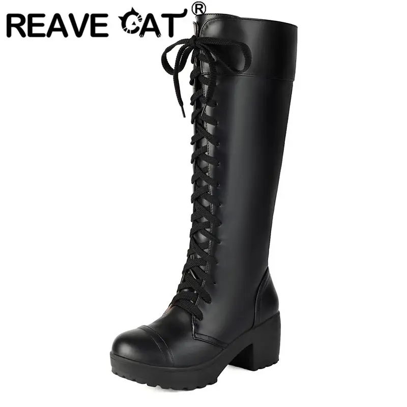 

REAVE CAT 2025 New arrival Women Knee High Boots No Zip Lace Up Plus Size 48 Leisure Bota Round Toe Block Heels 5.5cm Platform