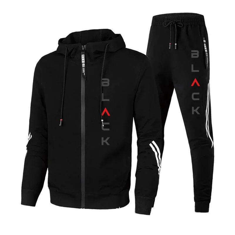 

Urban Fashion Hoodie Sportswear Black Letter Printed Man Zipper Jacket Sweatpants Autumn Winter Daily Casual Sporty Jogging Suit