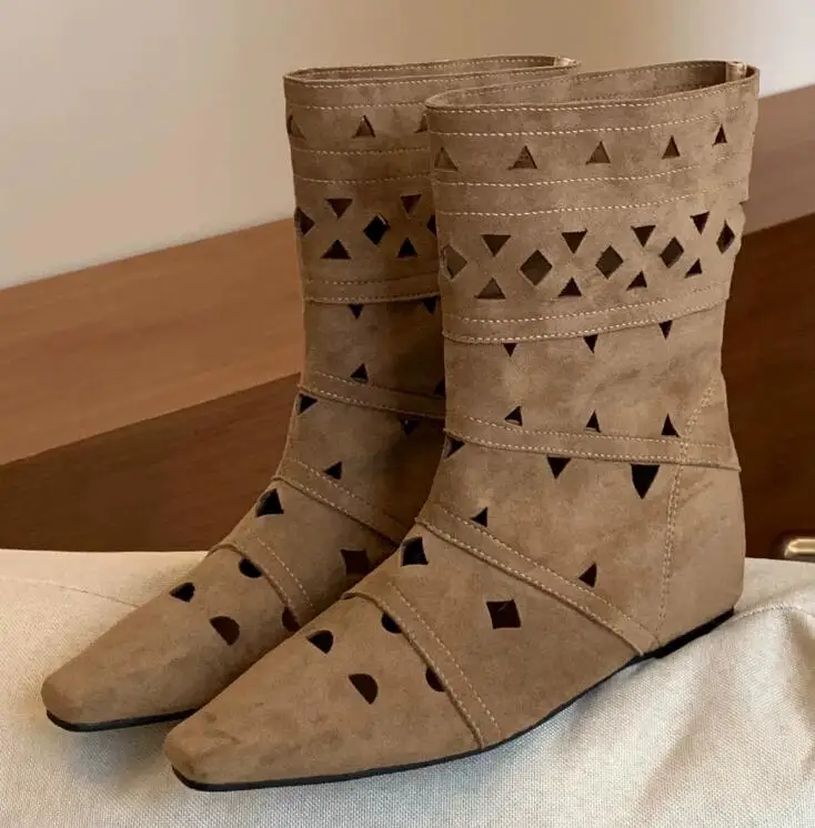 Fashion Geometric Perforation Flats Middle Boots Soft Suede Women Pointed Toe Loose Slip On Summer Boots for Woman