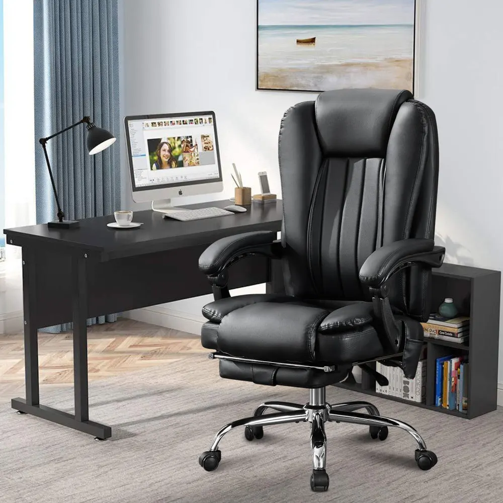 Modern Massage Office Chair with Heat 6 Vibration Points Executive Chair Foot Rest Padded Armrests Reclining Backrest Black FYOC