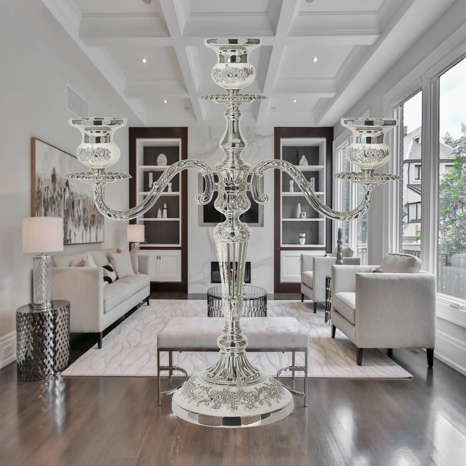 Three-Arm Metal Candelabra Ornate Freestanding Candle Stand with Paraffin-Catcher Plates Tabletop Candlestick Holder Elegant