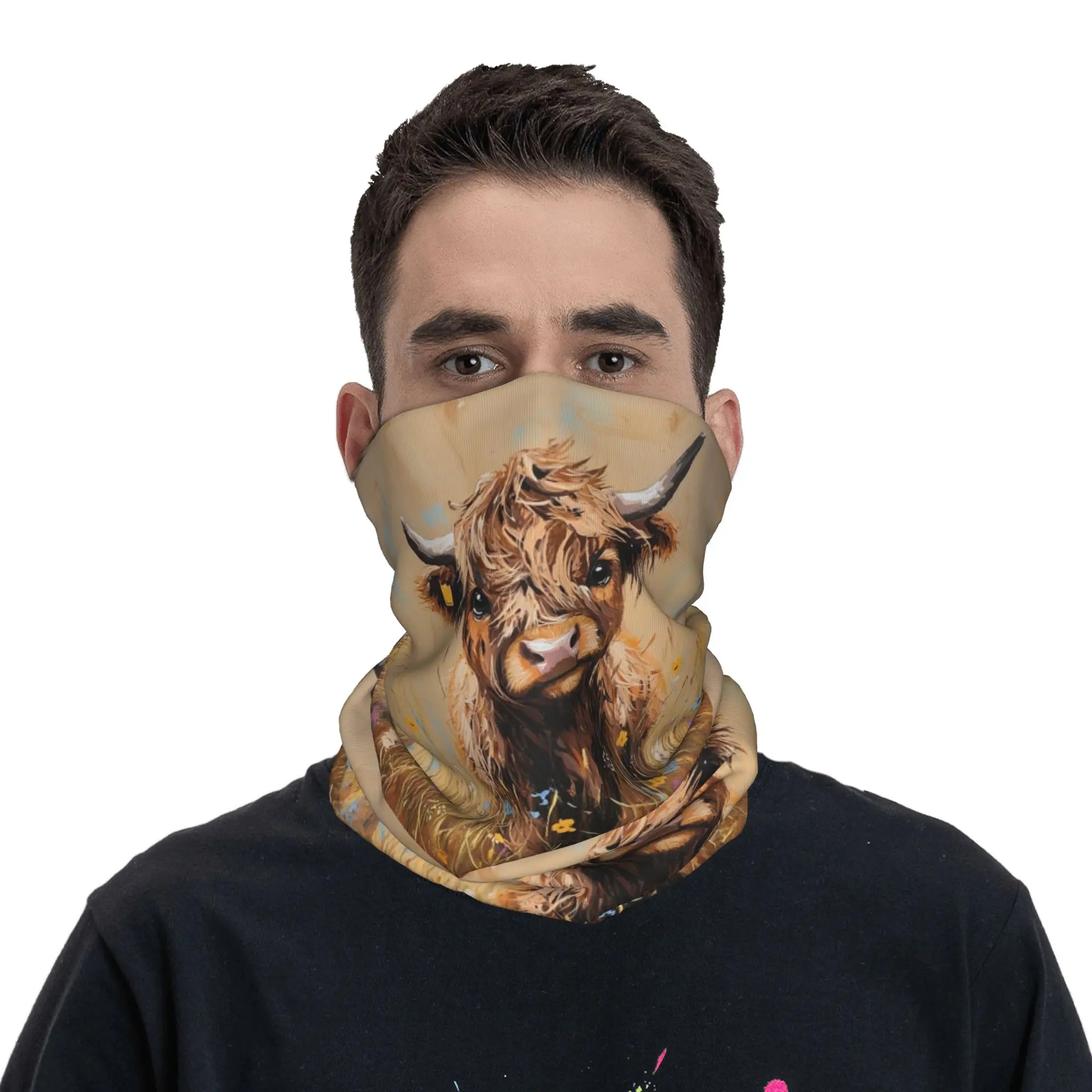 Cute Highland Cow Painting Bandana Neck Gaiter Printed Mask Scarf Headband Riding for Men Women Adult Winter
