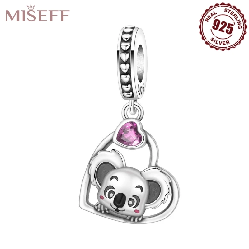 

MISEFF 925 Sterling Silver Heart Shape Koala Beads Pendant Necklace Charms Original Bracelet Beads DIY Jewelry Women Gifts