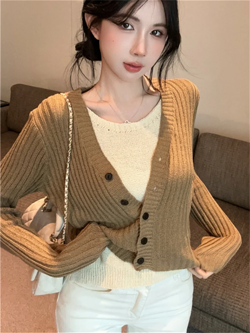 PLAMTEE Slim Fake Two Piece Sweaters Women New Gentle Knitted 2024 Daily Casual Office Lady Loose V-Neck Cardigans Coats