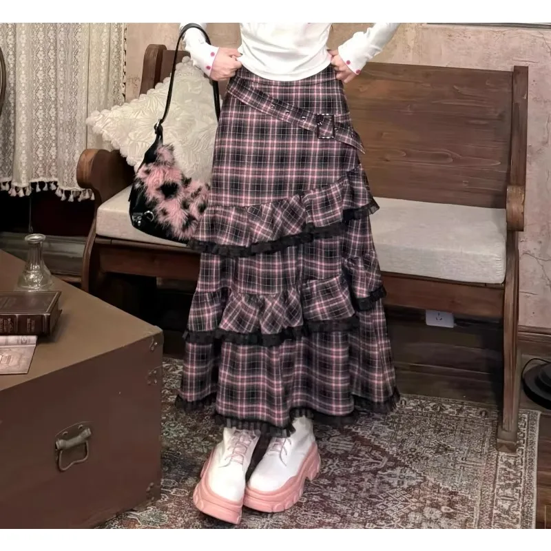Women Harajuku Y2K Pink Black Plaid Midi Skirt Ruffles Patchwork Fairy A Line Cake Skirt