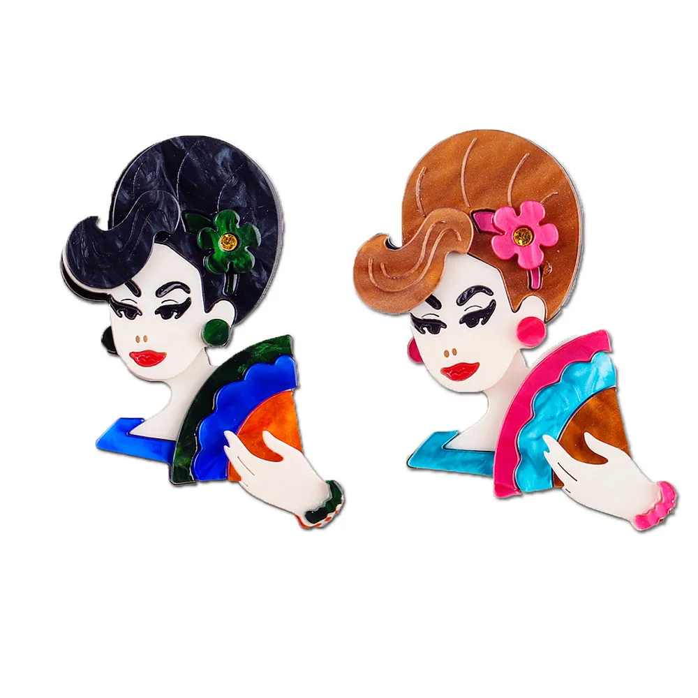 

New Fan Lady Acrylic Brooch Lapel Pins 2-Color Retro Elegant Beauty Figure Brooches Badges for Women Casual Jewelry Accessories