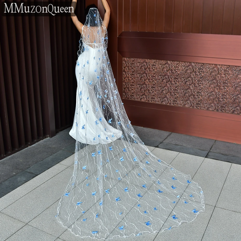 MMQ  Long Lace 3D Butterfly Mesh Veil 1Tier Cathedral Wedding Veil no Comb Tulle wedding party accessories M43