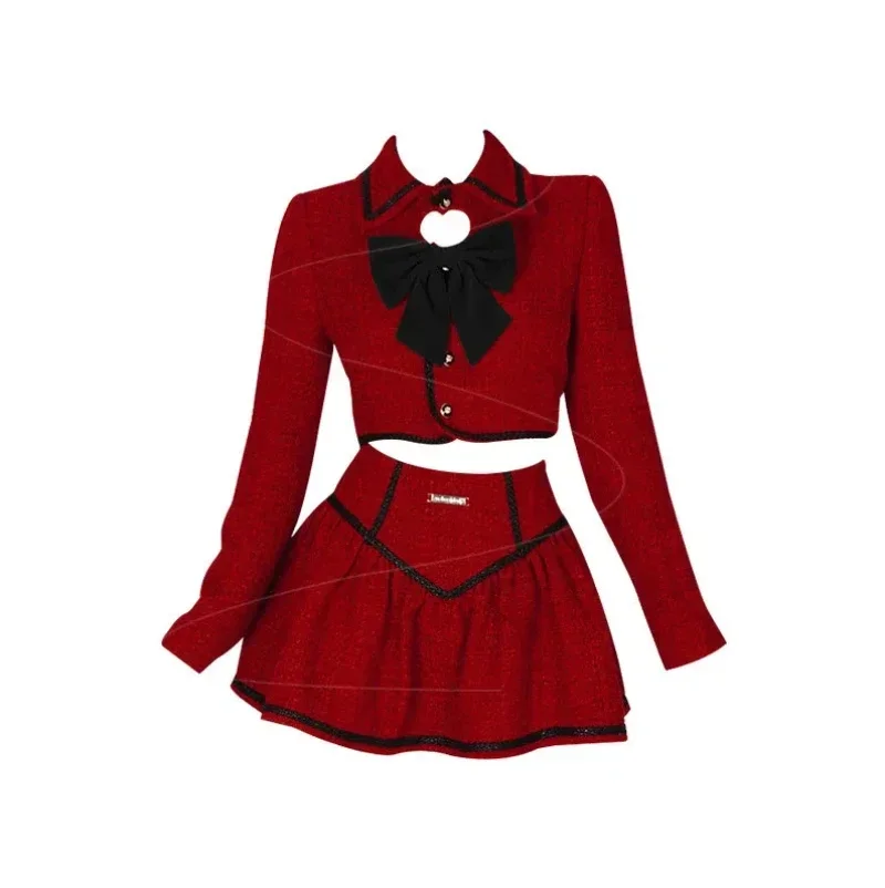 Coalfell-Conjunto elegante de 2 piezas para mujer, chaqueta de lana con lazo de perlas, minifalda roja de Navidad para otoño