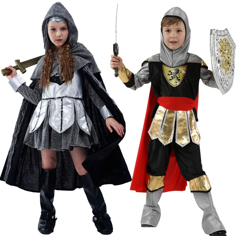 

Kids Boys Royal Warrior Knight Costumes Girl Soldier Children Medieval Roman Attached Cape Halloween Carnival Party No Weapon