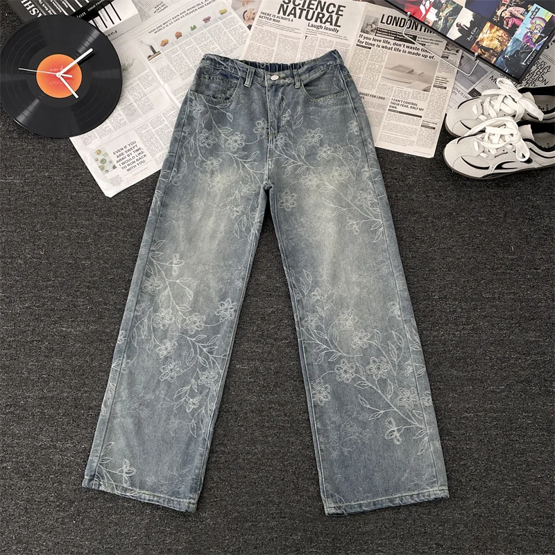 

American Vibe Floral Embroidered Distressed Washed Straight Leg Micro Flared Jeans for Men And Women Loose Fit Youth Fashion