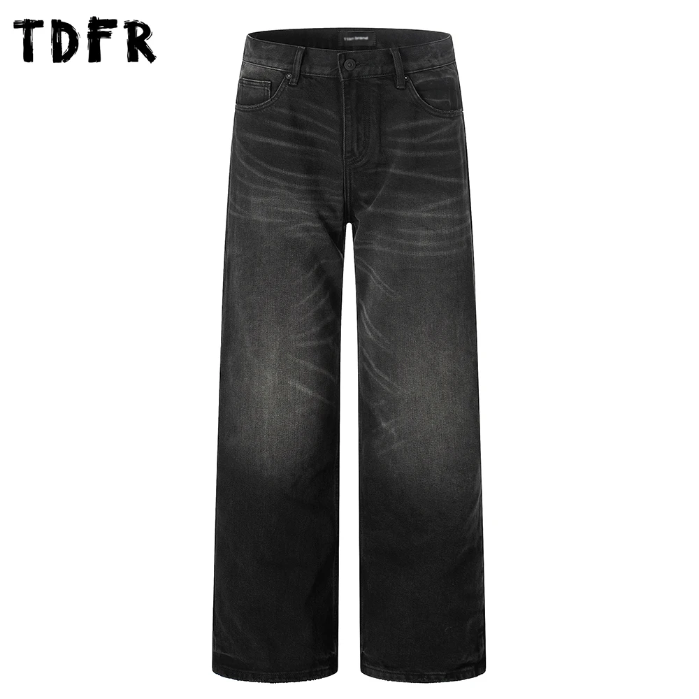 

Washed Distressed Dark Jeans Mens Pocket Autumn Winter Casual Straight Baggy Wide Leg Denim Pants Man