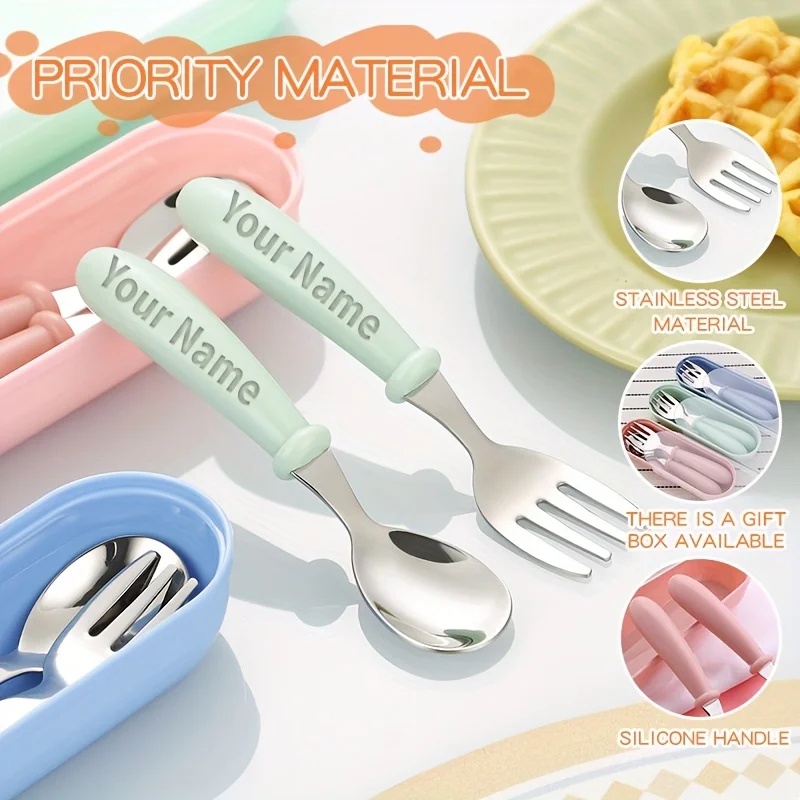 Juego de cubiertos con nombre personalizado, suplemento alimenticio SS304, juego de cuchara y tenedor para aprender a comer, regreso a la escuela, regalo creativo para niños