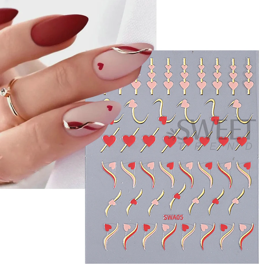 Gold Wave Line Heart Nail Art Stickers Metal Curved Strip Black Red Love Design Simple Valentine's Theme Decals Manicure Sliders