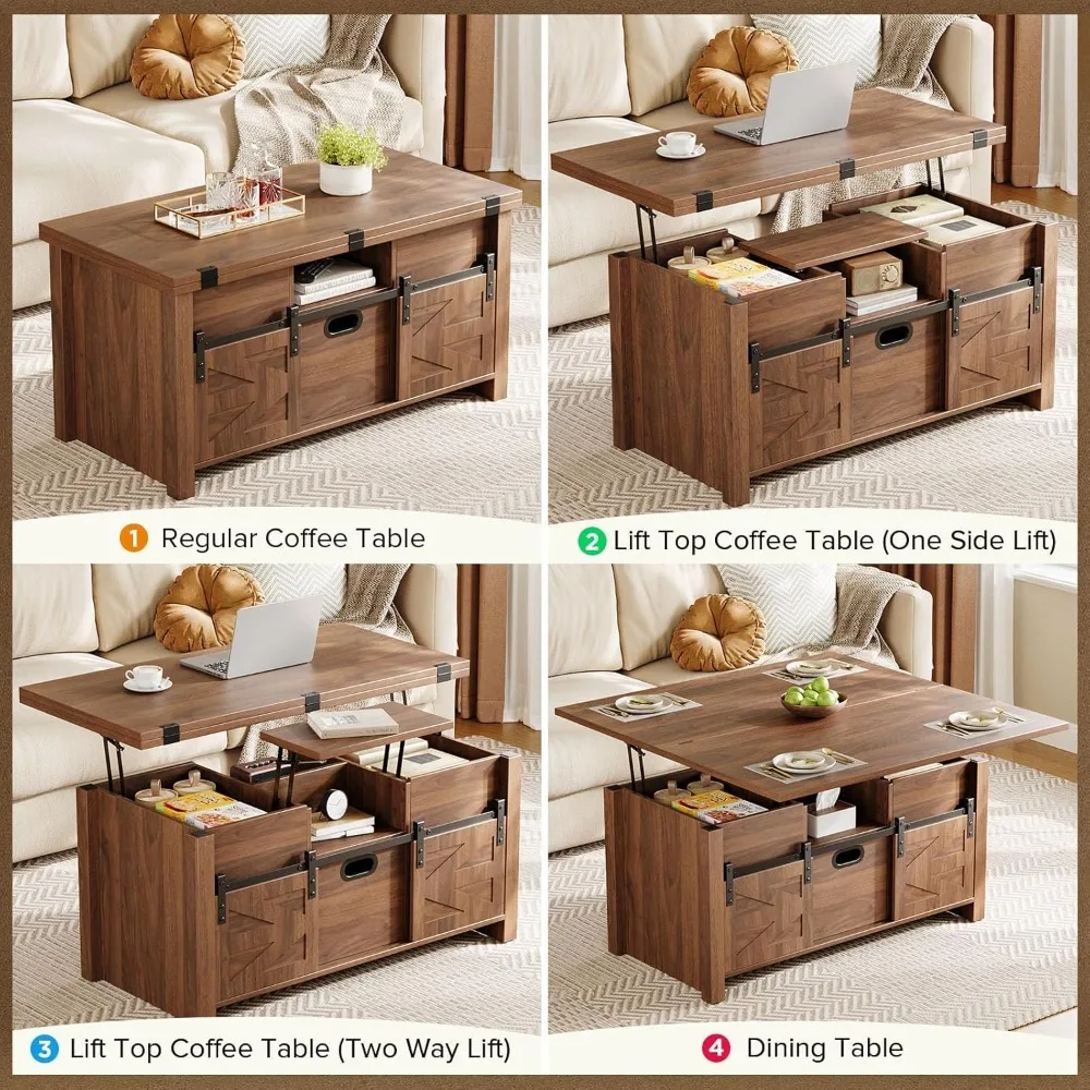 40 طاولة قهوة لرفع المزرعة مع أبواب حظيرة منزلقة، متعددة الوظائف 4 في 1، مع أدراج تخزين ومكونات مخفية #4