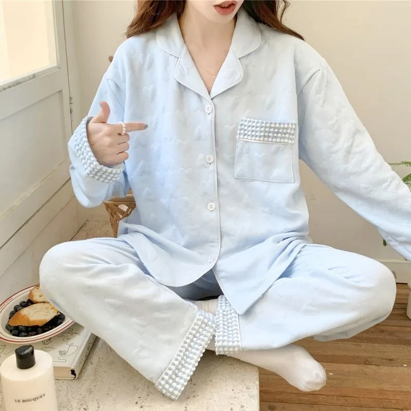 

2024 New Air Cotton Maternity Pajama Women Autumn Winter Sweat Sleepwear Spring Cotton Interlayer Homewear Set V-neck Loungewear