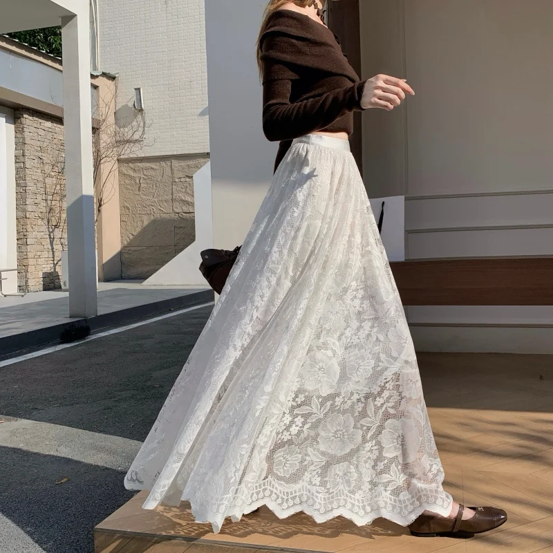 French Skirt Women Lace Long Autumn Retro Casual Loose Floor Length Fashion Versatile Beige Lace Inner A Line Skirt