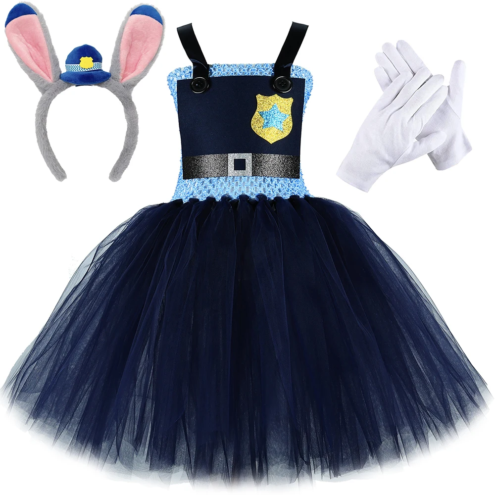 Bunny Police Officer Costumes for Girls Animal Rabbit Police Outfit Kids Halloween Carnival Fancy Tutu Dress with Ears Headband